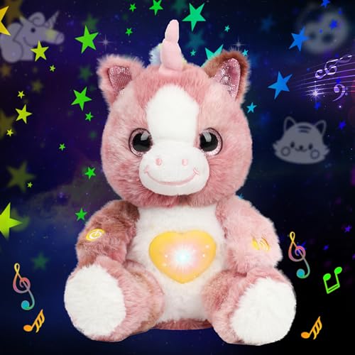 Cuteoy Plush Dirty Pink Unicorn Star Projector Musical Adjustable Singing Night Light Stuffed Animals Glowing Plushies Toy Gifts for Kids Birthday Easter Christmas 12