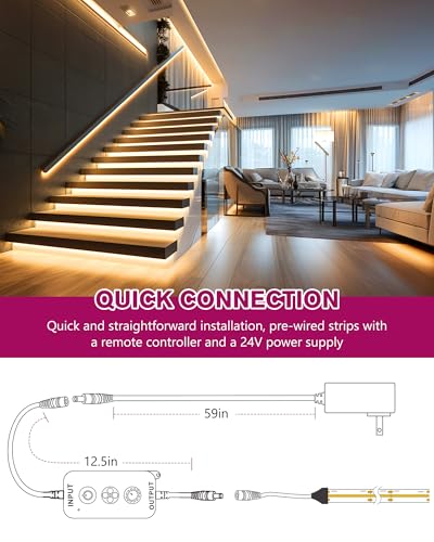 Image of EMITEVER COB LED Strip Lights Kit Warm White with Remote & 24V Power Supply,16.4ft Dimmable Tape Light 3000K, High Density 2400LEDs, 305+LM /FT, CRI90+, Suitable for Bedroom Kitchen Cabinet Lighting