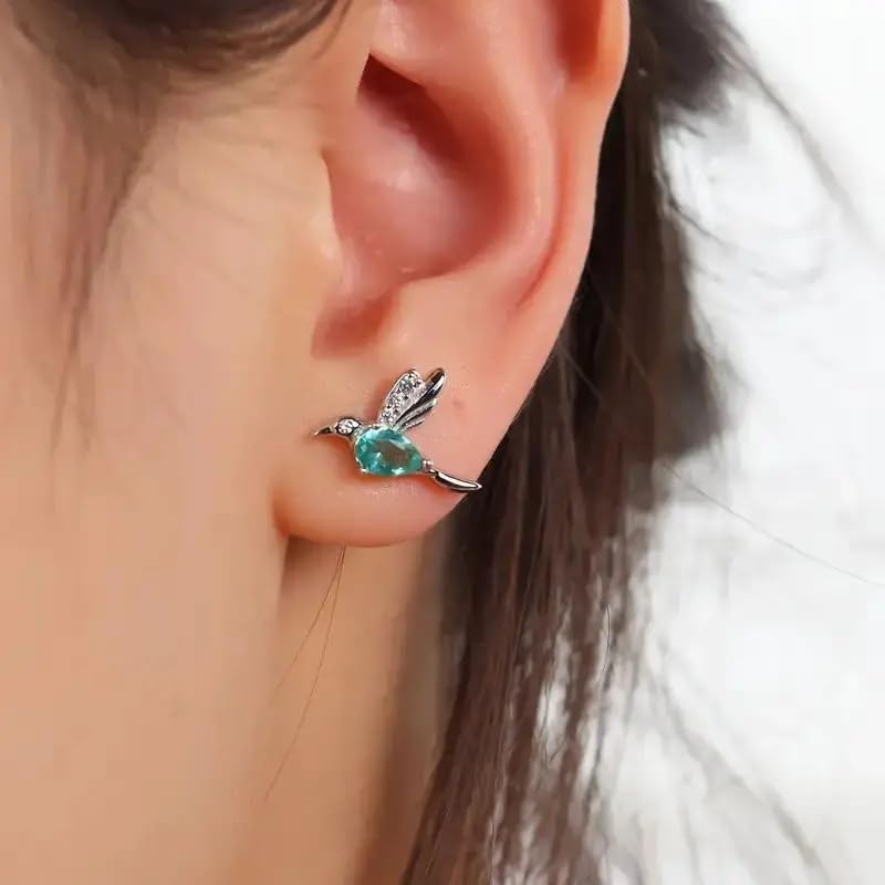 Hummingbird Stud Earrings, with Aqua Crystal and Rhinestone Wings Cute Unique Earrings Bird-Themed Jewelry Gift - Image 3