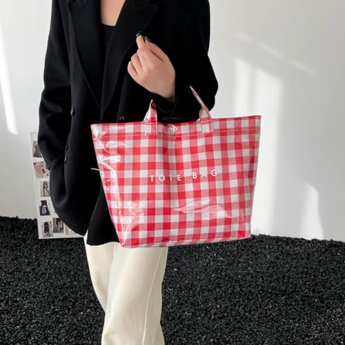 Image of Lushandy Striped PVC Tote Bag for Women, Waterproof Plastic Tote Bag for Beach Pool Large Top Handle Travel Hobo Handbag | Waterproof Material
