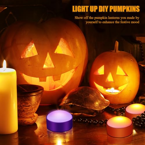 Image of Riakrum 6 Pieces Halloween Remote Timer LED Lights with Remote Summer Halloween LED Pumpkin Lights Battery Operated Lantern Bright Flameless Candle(Orange, Purple)