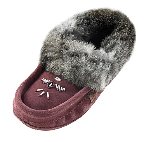 Laurentian Chief Women's Suede Slippers Rabbit Fur Collar Soft Sole Moccasins