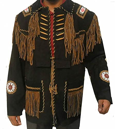 Men's Western Cowboy Leather Jacket with Fringed Native American Suede Beaded Traditional Leather Coat3