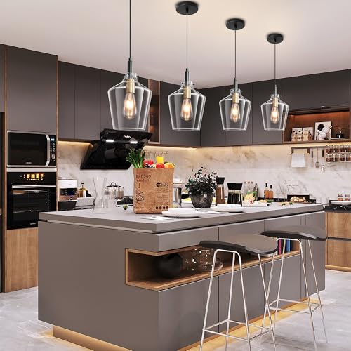 Image of Glass Pendant Lighting for Kitchen Island 2 Pack Black Gold Clear 8 Inch | Adjustable cord Dimmable, E26 bulbs, Rust-resistant Damp Rated For Bathrooms, 5-Year Manufacturer Warranty, UL Certification