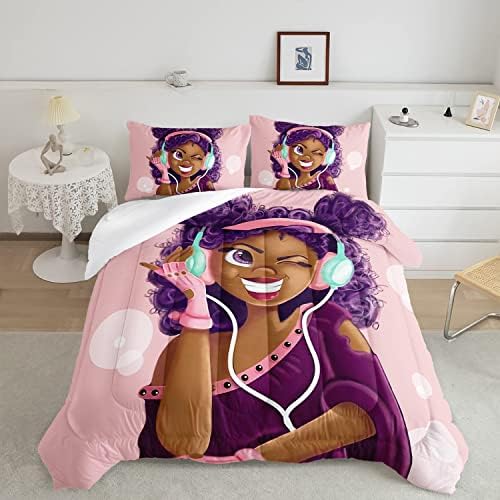 HOSIMA Black Girl Magic Comforter Set,African American Black Girl Comforter Sets,Love Music Purple Hair Girls Pattern Twin Bedding Set for Girls Bedroom Sets,Twin Bed Set for Girls with 2 Pillowcases.