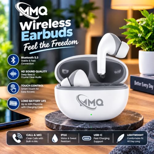 Image of MMQ Ear Buds Wireless Luckypod White Color with Bluetooth V 5.3.0 & with Type C Fast Charging, 90 Hours Playtime, Isolation & Clear Calls, Bluetooth Earbuds with IPX4.5 TWS Earphones