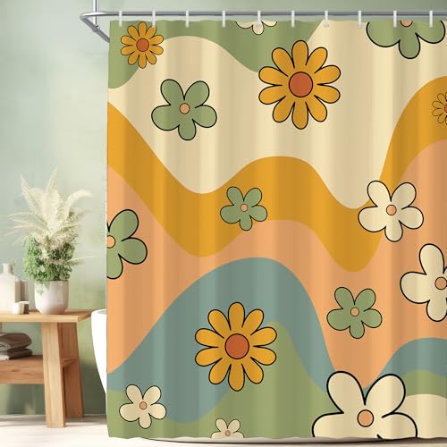 Visioun Cute Retro 70s Aesthetic Shower Curtain for Bathroom 60W*72H Inch Vintage Daisy Flower Colorful Abstract Trendy Funky Bathtub Decor Waterproof Polyester Fabric Set with 12 Hooks(10 Holes)