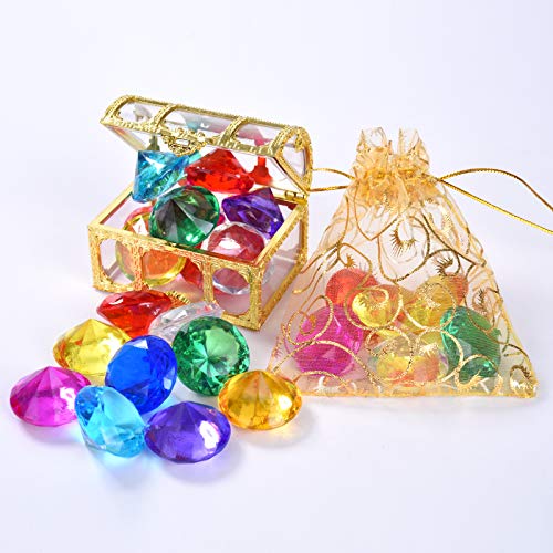 Jinhua Yiyan Diving Gem Pool Toy 9 Diamond Set with Treasure Pirate Box and Golden Mesh Bag Summer Swimming Gem Pirate Diving Toys (Golden)