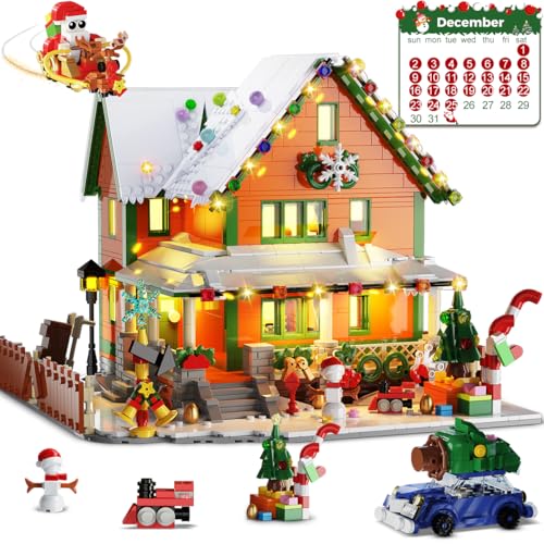 INSOON Advent Calendar 2025 Christmas House Mini Building Set with Light, 24 Days Countdown Snow Village Building Block Kit with Santa Claus Sleigh, Holiday Building Toy Gift for Adults Boys Girls 14+