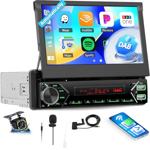 Dab+ 1 Din Bluetooth Autoradio avec CarPlay et Android Auto sans Fil, Écran Tactile 7 Pouces avec Écran Motorisé Escamotable, Mirror Link/FM/USB Type C/AUX,...
