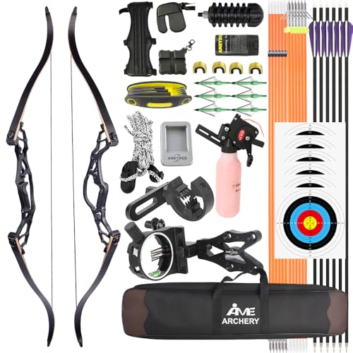HNZMDY Set Arco Ricurvo e Frecce 62 Pollici, 40/50/60 lbs, Manico Alluminio Smontabile, per Caccia Esterna e Pratica di Tiro con Fune e Mulinello per Pesca con Arco (50 lbs)