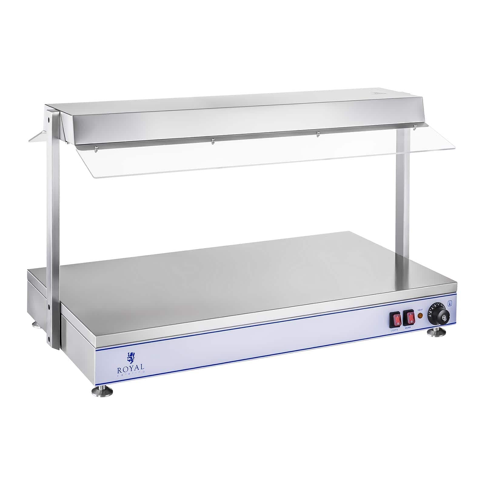 Royal Catering Chauffe-Plats Electrique Professionnel RCHP-100H (Puissance 1550W, température 0 – 110 °C, 3 Lampes halogènes chauffantes au Dessus, INOX et plexiglass)