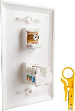 90 Degree CAT6 Ethernet Coax Wall Plate Punch Down with Tool - RJ45 Coaxial Punchdown Cover Plate for Network and Coax Cable - White