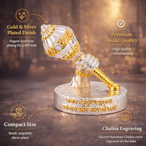 Image of Gold Art India Hanuman Gada Idol Gold & Silver Plated - Bajrangbali Symbolic Murti for Car Dashboard, Home Mandir & Office Decor | Spiritual Gift Item | 4 Inch