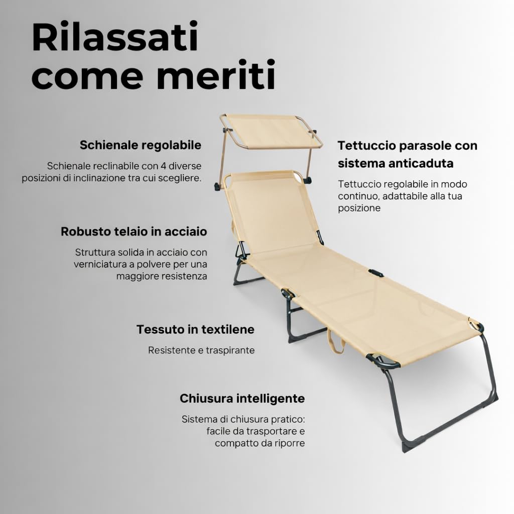 Lettino Prendisole Pieghevole con Parasole Regolabile, Brandina da Giardino e Spiaggia in Textilene Traspirante e Acciaio Verniciato, 4 Posizioni, Salvaspazio con Maniglia (1, Beige)