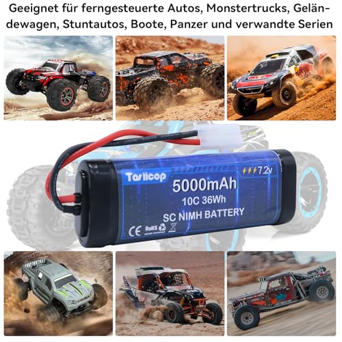 Tosiicop RC NiMH Akku 7.2V 5000mAh - 7.2 Volt RC Auto Akkus kompatibel mit Tamiya Stecker Ferngesteuertes Auto Akku für Remote Control Car LKW Monster Trucks Boot Buggy Aeroplane 2 Stück