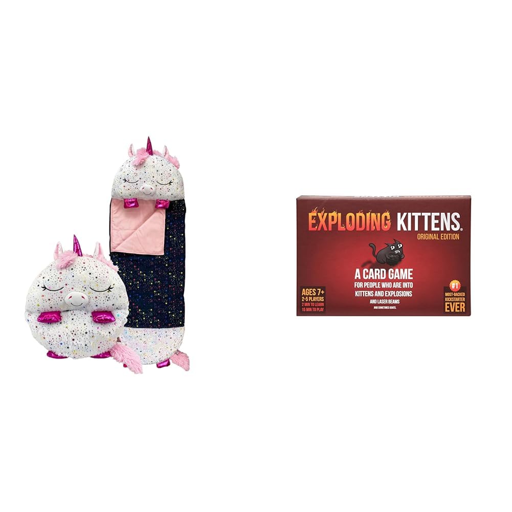 Kids Sleeping Bag - Shimmer Unicorn - Plush Toy, Comfy Sleeping Bag & Exploding Kittens Card Game - Original Edition, Fun Family Games for Adults Teens & Kids