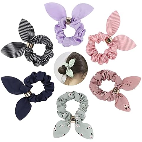 Scrunchies for Girls 6 Pack Large Hair Bow Chiffon Scrunchie Ponytail Holder Elastic Bands Hair Ties Ropes Stripe Hairband Accessories for Women Kids Teenager Cover