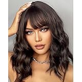 YOUNIGA Brown Short Bob Wavy Wig with Bangs for Women Wigs for Women Loose Curly Shoulder Length Bob Curly Women's Charming Synthetic Wigs Style Synthetic Fiber Wig (Dark Brown 12 Inch)