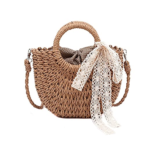 Straw Bag Women Hand-Woven Handbag Moon Shape Lace Bow Rattan Bag Big Capacity Drawstring Casual Beach Shoulder Crossbody Bag (A 19X8.5X23Cm) - Main Image