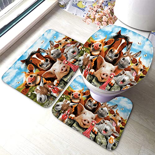 Badezimmerteppich-Set, 3-teilig, Bauernhoftiere, waschbare Badeteppiche, rutschfest, mit Rückenpolster, Konturteppich und Toilettendeckelbezug
