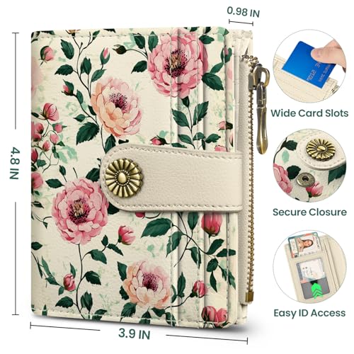 Image of Small Wallet for Women, RFID Blocking Bifold Card Holder Wallet with 10 Card Slots, Cash Compartment, Zipper Coin Pocket & ID Window, Cute Soft Vegan Leather Compact Wallet, Blush Peony