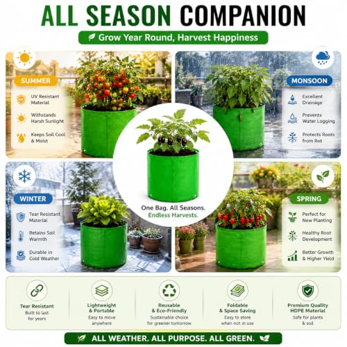 Image of Grow Bags for Terrace Gardening, Premium HDPE Green-Orange Large Planters for Fruit Trees, Vegetables, Flowers & Home Garden Pack of 7(15x15)