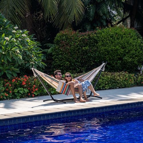 Lazy Daze Hammocks Double Hammock with 9ft Space-Saving Steel Stand Includes Portable Carrying Case, 450 Pounds Capacity (Tan Stripe) - Thumbnail 3