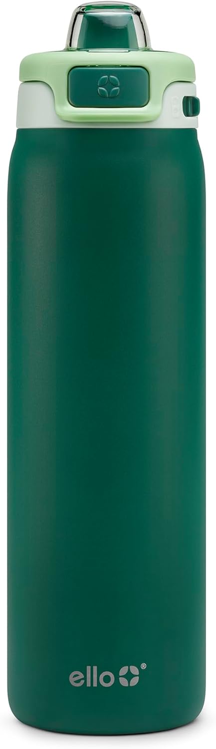 Ello Pop & Fill Stainless Steel Water Bottle with Quick Fill Technology, Double Walled Vacuum Insulated Metal, Leak Proof Locking Lid, Sip & Chug, BPA Free, Holiday Gift for Him Her, 22oz, 32oz, 40oz 22oz Forest Mist