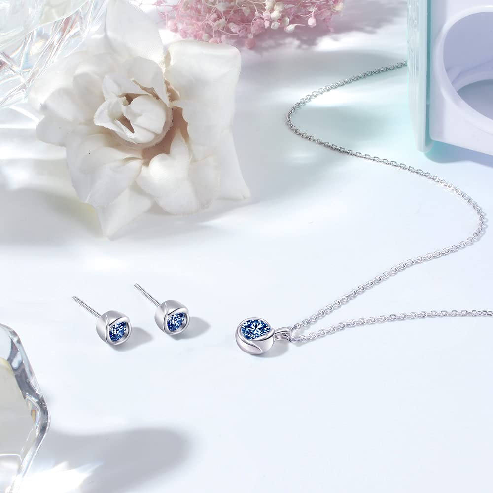 immobird Schmuckset Silber 925 Damen mit September Geburtsstein 5A blau Zirkonia Stein Kette und Ohrringe Set Geschenke Für Frauen Mama Frau Mädchen