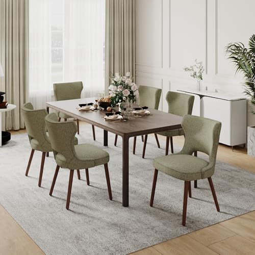 Image of Wooden Dining Chairs Set of 6, Farmhouse Dining Room Chairs with Solid Wood Legs, Mid Century Fabric Kitchen Chairs, Upholstered Chair for Restaurant & Cafe- Green