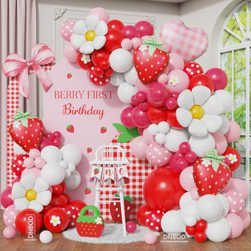 Strawberry Balloon Arch Kit 137Pcs Red Pink and White Balloon Garland with Strawberry Daisy Foil Balloons for Berry First Birthday Sweet One Baby Shower Girls Princess Party Decorations