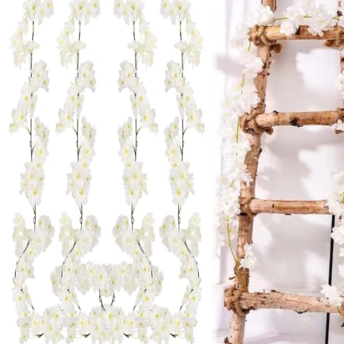 TREABEAR 4PCS Fleur de Cerisier Artificielle Blanche, 180cm Guirlande Fleurs Artificielles, Plante Artificielle Tombante, Fleur Artificielle Deco pour Voiture...