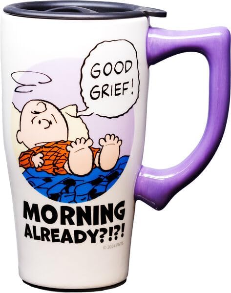 Spoontiques Peanuts Good Grief Ceramic Travel Coffee Mug with Lid and Handle - Spill Proof Lid - Double Walled Mug for Hot and Cold Beverages - Microwave and Dishwasher Safe 18 Ounces Peanuts Good Grief