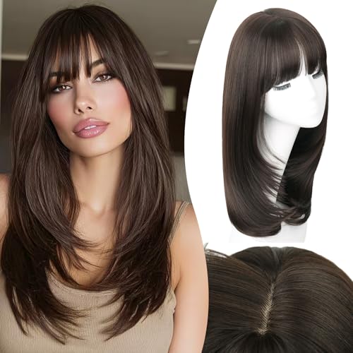 NOSTALGIA Brown Wig with Bangs Dark Brown Wigs for Women,4x4