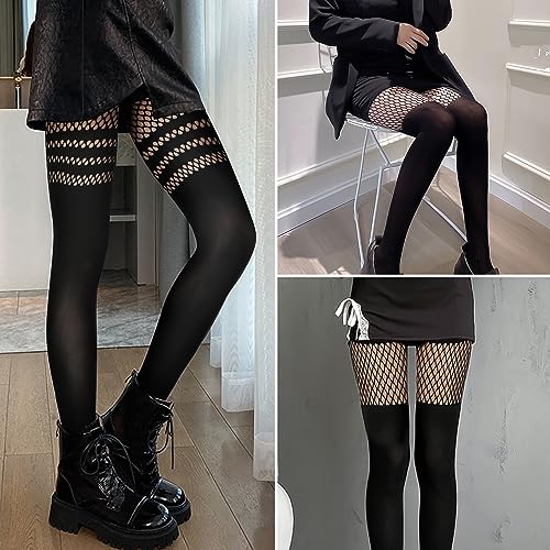 MANZI Womens Faux Thigh High Fishnet Stockings Stitching Opaque Pantyhose Mock Over the Knee Goth Striped Suspender Tights