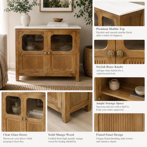 Image of The Attic Crestwood Solid Wood Two Door Sideboard Cabinet with Glass Doors | Storage & Display Cabinet for Living Room & Dining Room | Handcrafted Mango Wood, Light Teak Finish