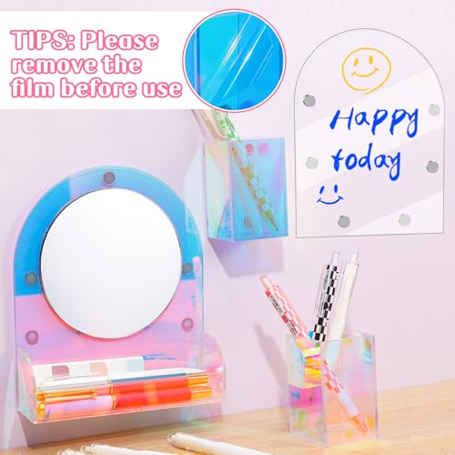 Image of ANPHSIN Iridescent Finish Locker Accessories Set - Includes Acrylic Magnetic Mirror, 2 Pen Holders, Dry Erase Board, Back to School Supplies Locker Decor Organizer for Girls Gifts