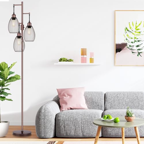 Image of Dimmable Floor Lamp, 3 x 800LM LED Edison Bulbs Included, Farmhouse Industrial Floor Lamp Standing Lamp with Elegant Teardrop Cage Head Tall Lamp for Living Room Bedroom Office Dining Room - Brown