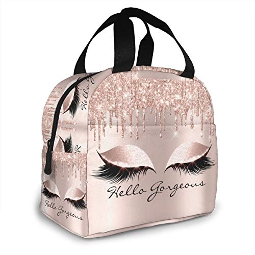 Antoipyns YK33JPEYEIEHOSMJQXSK2UY3ZKZZNNAO Lunch Bag Pants Pink Rose Gold Drips Makeup Lashes Hello Gorgeous Girls Kids Insulated Picnic Pouch Thermal Cooler Tote Cute Bento Bag Big Leakproof Soft Bags Lunch Camping Box Bags thumb #1