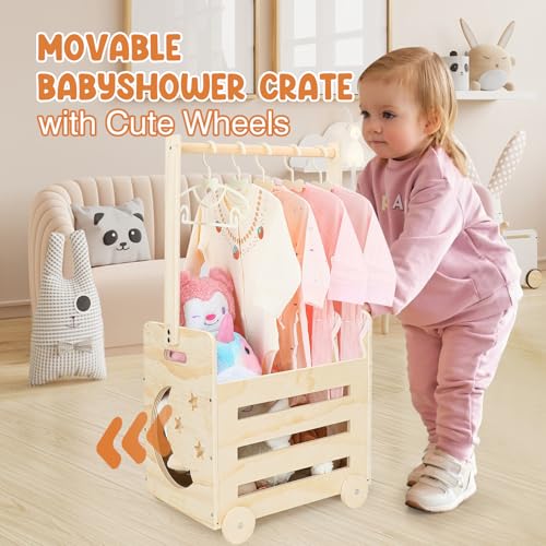 Image of Wooden Baby Shower Crate Closet With Cute Wheels, Movable Gift Basket With Raised Handle, Personalized Storage Hamper for Boys Girls New Born, Patent Pending