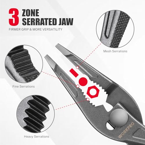 Image of WORKPRO 8-Inch Long Nose Slip Joint Pliers, CR-V Steel Needle Nose Pliers | Comfortable Grip Handles, 3-Zone Serrated Grip, Widened Jaw, Small Adjustable Pliers, for Clamping, Tightening and Loosening