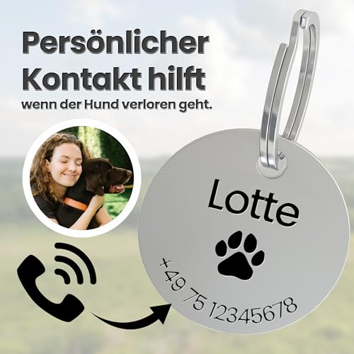 Meinearmbänder Hundemarke mit Gravur – personalisierbar mit Namen – 30 mm – Namensschild für Halsband – Anhänger für Hunde, Katzen & Welpen – inkl. Symbolauswahl