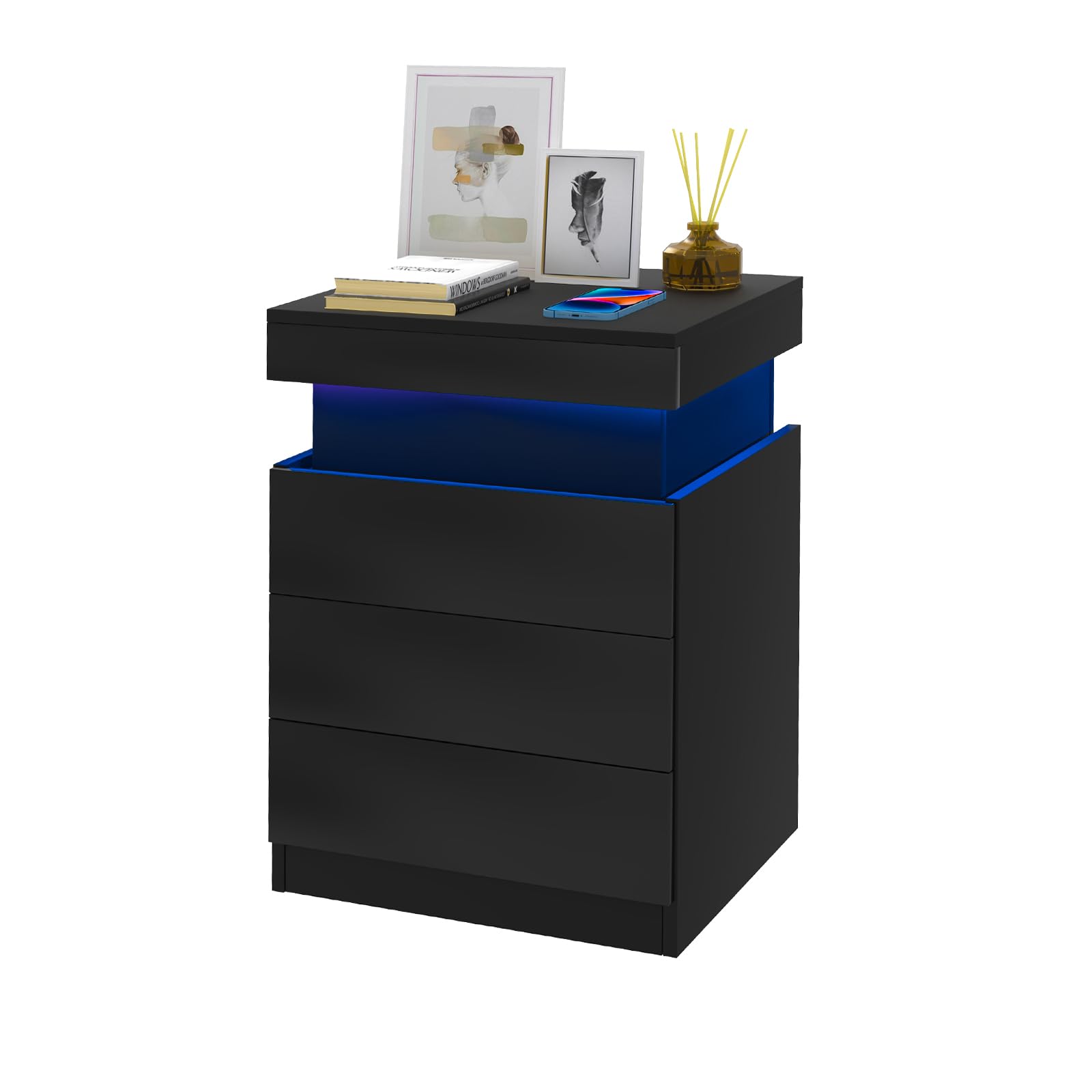 Comodino con Presa e porta USB, Comodino con illuminazione LED Regolabile, Comodini Camera da Letto Moderni Nero Pannello Scorrevole, Intelligente Comodini Camera da Letto con 3 Cassetti