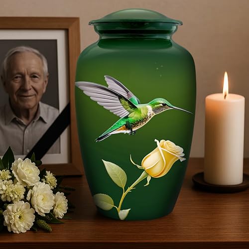 Image of Hummingbird Cremation Urn for Adult Human Ashes - Handcrafted Large Funeral Urn - Decorative Memorial Urn with Peaceful Floral Design for Men or Women, 200 Cu /in