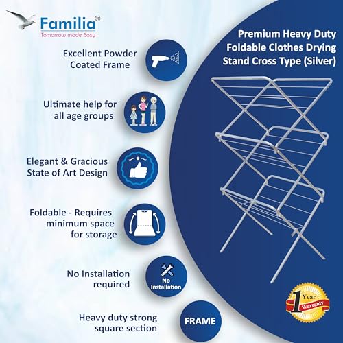 Image of Familia Heavy Duty Steel Premium 3 Tier-18 Rods (60 Feet Drying Length) Clothes Drying Stand Steel for Balcony Cloth Drying Stand Foldable Clothes Stand for Drying Cloth Dryer Stand