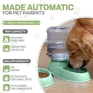 2 Pack Self Feeding Dog Food and Water Dispenser – 3.75L Automatic Pet Feeder for Small & Medium Dogs, Spill Proof Gravity Cat Feeder and Water Dispenser (Green)