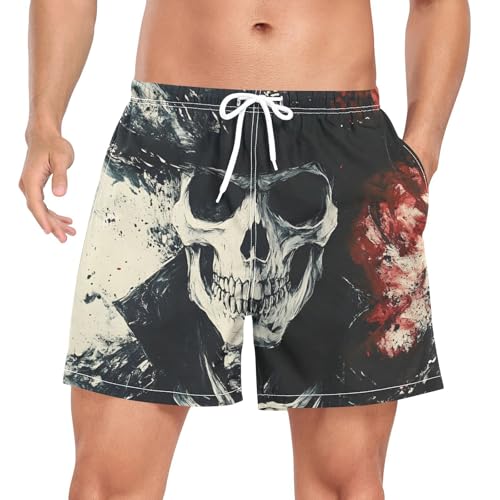 Skull Gothic Art Mens Swim Trunks with Liner, Cool Quick Dry Beach Swim Shorts, Swimwear Bathing Suits S