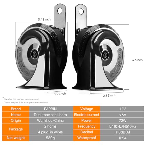 Image of FARBIN Train Horn for Truck 12V Car Horns Loud Waterproof Electric Snail Horn Kit for Any 12V Vehicl (black, 12v)