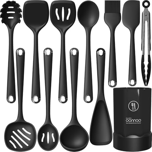 Thickened Silicone Kitchen Utensils Set, 600°F Heat Resistant Silicone Cooking Utensils, Spatula, Spoon, Whisk, Tongs, Kitchen Gadgets Sets for Nonstick Cookware, Dishwasher Safe BPA Free (Black)